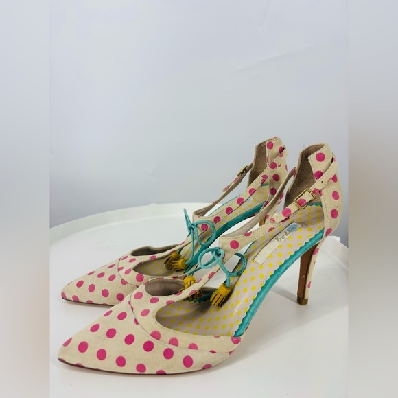 NWOB Boden Polka Dot Pointed Toe Tassel Heels Pink Blue White 11
